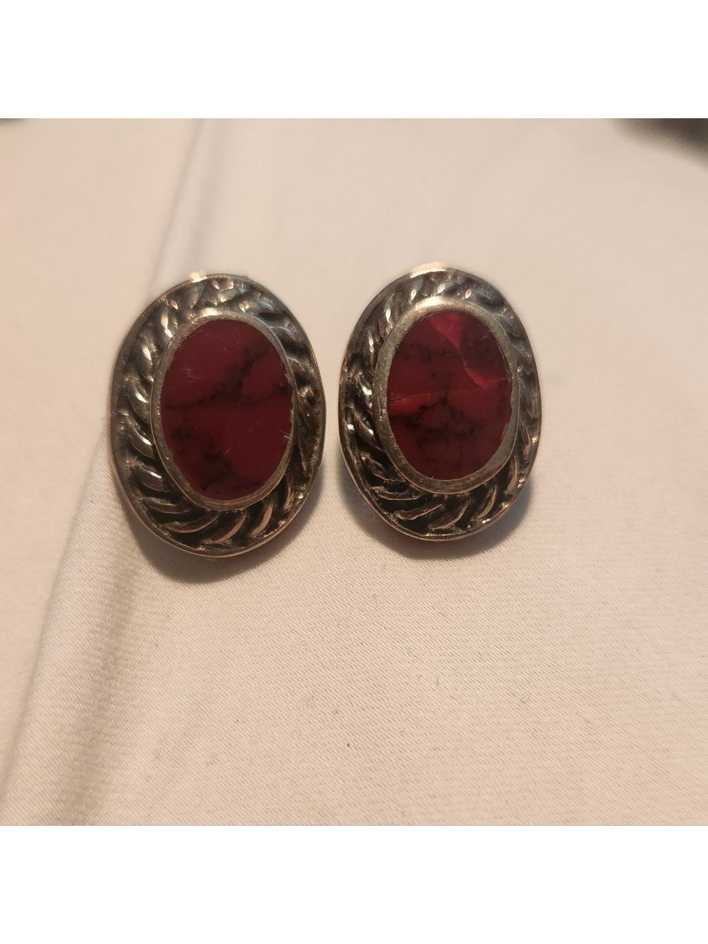 Vtg Jasper Dome With Flat Silver Fluted Border Pierced Stud Earring